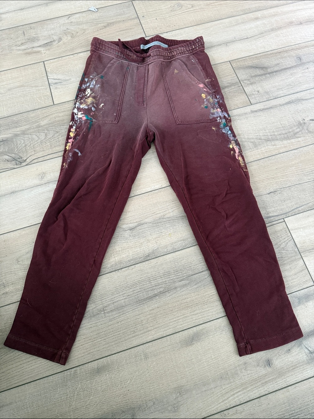 Raquel Allegra Burgundy Straight-Leg Pants with Multicolor Paint Detail